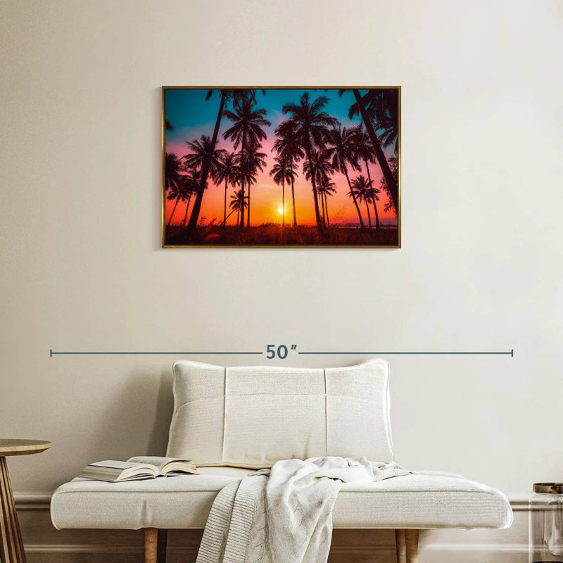 Silhouette coucher de soleil tropical, Cadre flottant doré, 31 po x 21 po
