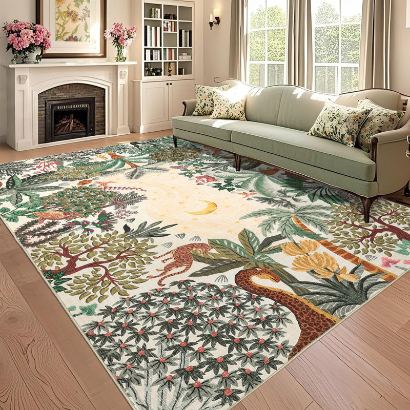 Floral Machine Washable Rugs with Rubber Backing for Living Room Non Slip Stain Resistant Carpet for Bedroom Living Room
