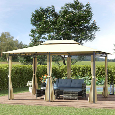 Extra Large Outdoor Gazebo, 10' X 13', Vented Roof, Steel Frame, Curtains, White Cream For Garden, Backyard Deck