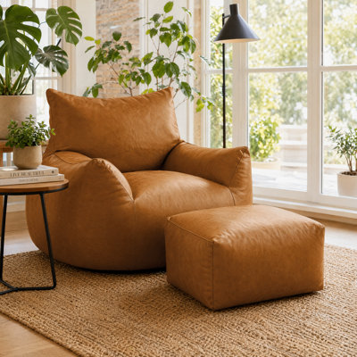 Grand fauteuil à billes avec repose-pieds, canapé à billes brun pour adolescents et adultes