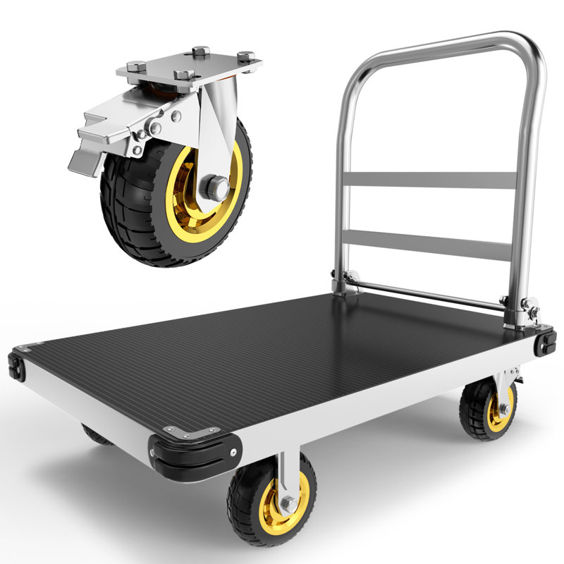 Chariot-plateforme pliable en acier avec tapis antidérapant, capacité de 2 500 lb, plateforme en acier de 48 po x 24 po de 2 mm d'épaisseur, roulettes pivotantes de 6 po avec freins, châssis renforcé