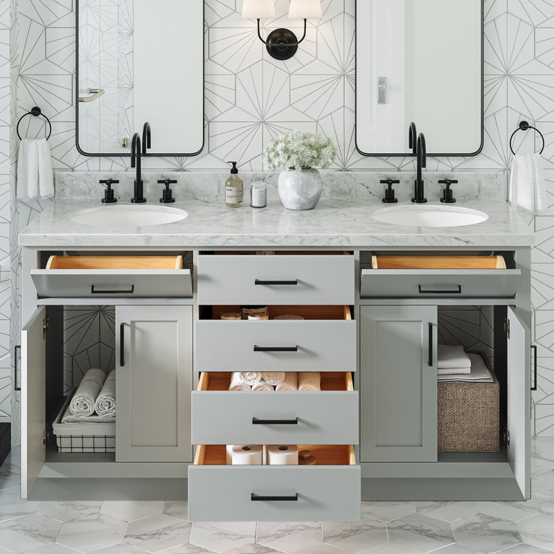 Thornaby 66'' Solid Wood Double Bathroom Vanity with 1.5'' Carrara Marble Top, Gray / Matte Black, Oval