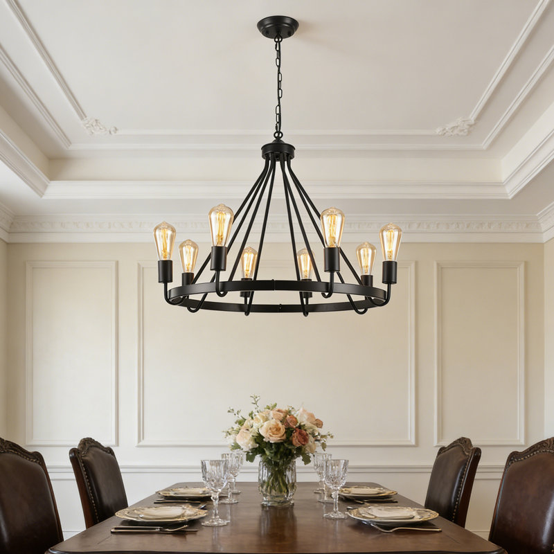 8 - Light 29 inch Rustic Vintage Round Wagon Wheel Chandelier for Dining Room, Black