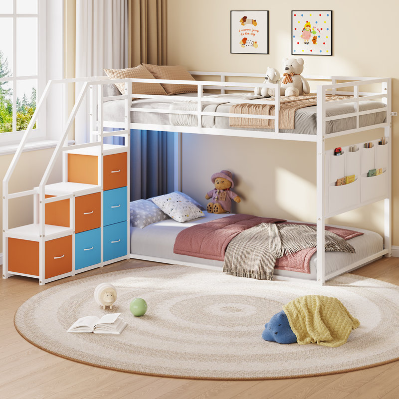 Twin Bunk Beds With Led Lights & Storage, 6 Drawers,Twin Over Twin Bunk Bed, Metal Low Bed With Safety Ladder And Guardrail,Space Saving,White