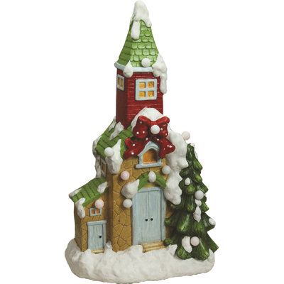 21.25" Green and White Pre-Lit LED Snow Covered Church Christmas Tabletop Figurine