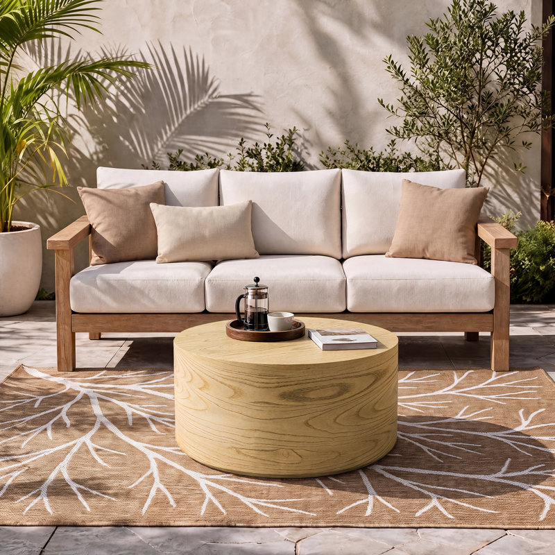 Table basse d'extérieur en oxyde de magnésium 28 po avec surface texturée aspect bois, ronde, chêne naturel, Jaune, Rond