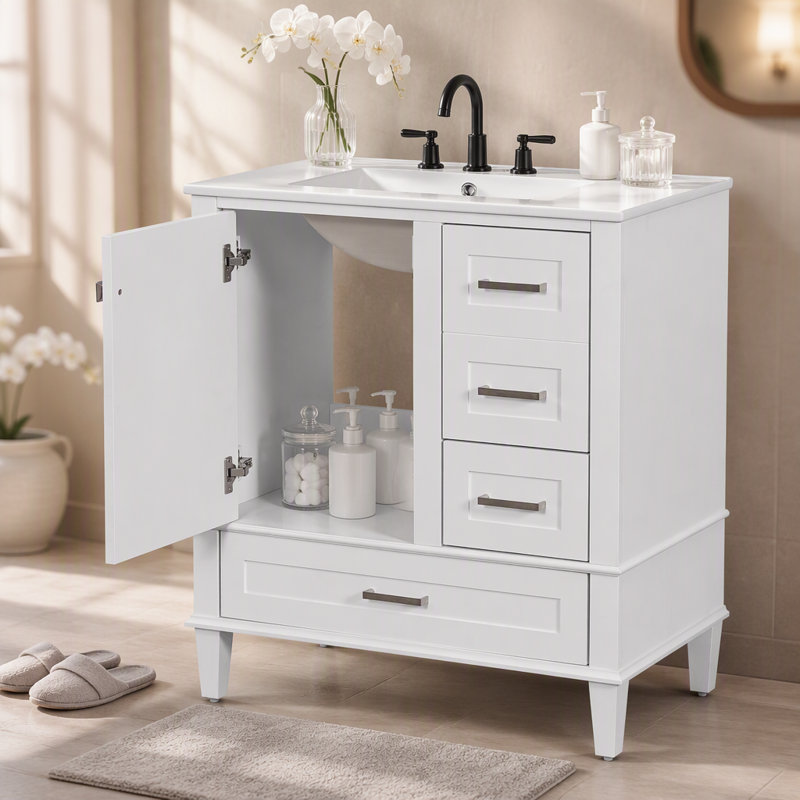 Ensemble de meuble-lavabo moderne avec lavabo 30 po, meuble-lavabo moderne avec porte à fermeture douce et 3 tiroirs, structure en bois massif