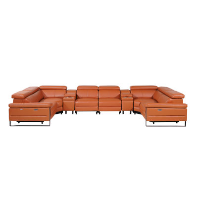 Top Grain Italian Leather 8-Piece U-Shaped Modular Power Reclining Sectional With 4 Power Recliners & Power Headrests