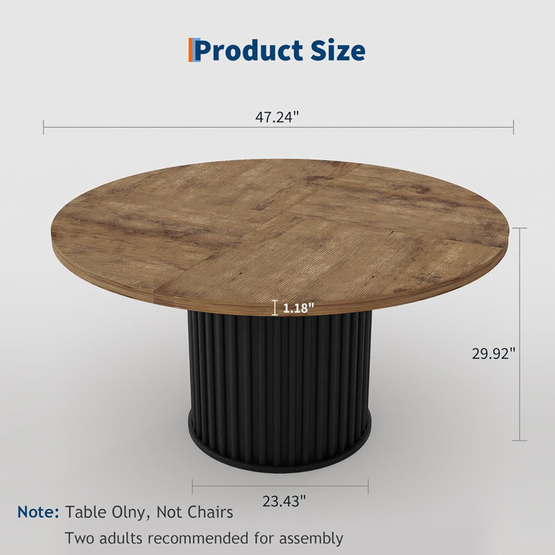 47Inch Round Dining Table for 4-6 People, Dining Room Table with Sturdy Waveform Metal Pedestal Base, Industrial Circle Kitchen Table for Dining Room, Kitchen
