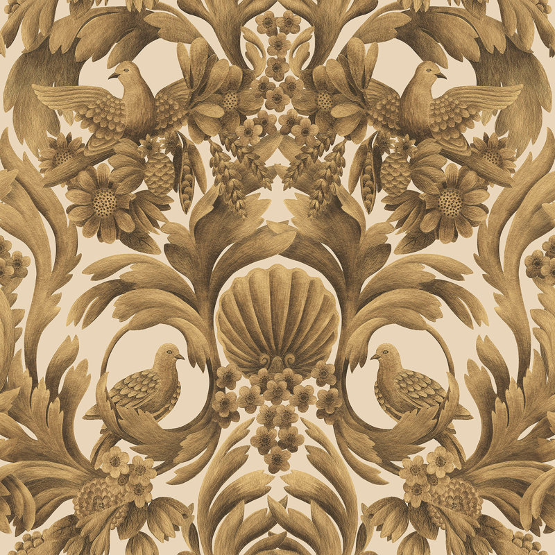 Damask Wallpaper Roll, Metallic Gold/Sand