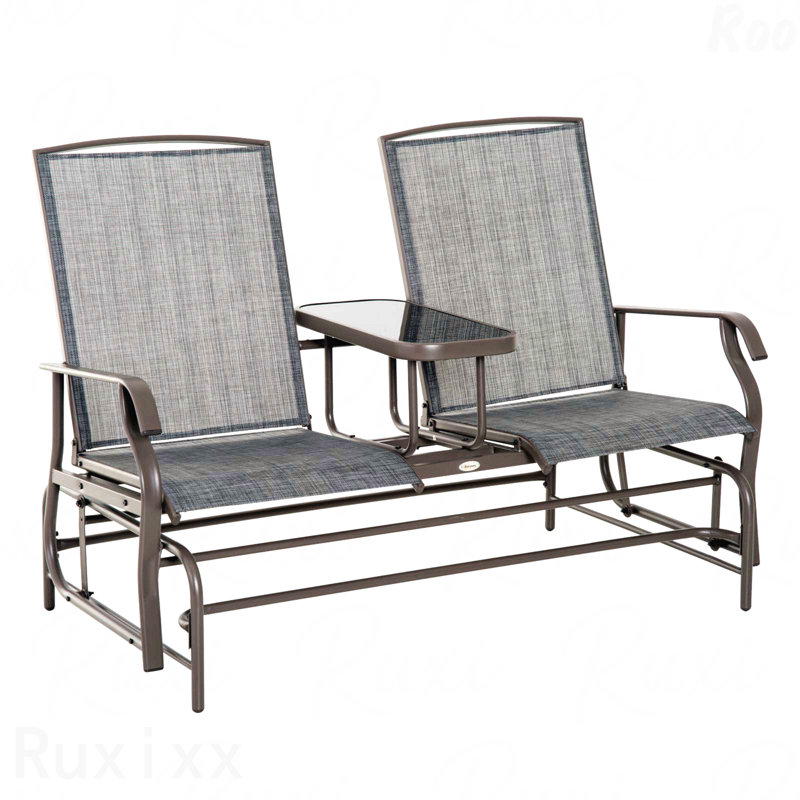 Banc coulissant en tissu gris avec table centrale et causeuse de patio