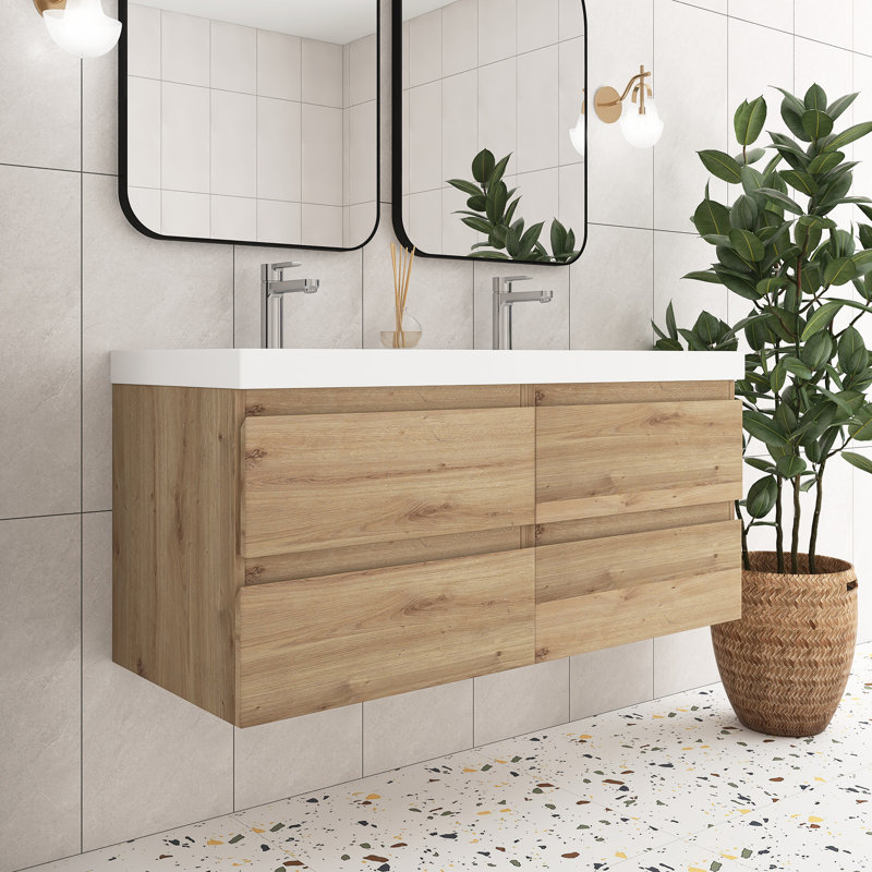 Ensemble de meuble-lavabo double 48 po en chêne avec plateau en résine intégré, Chêne