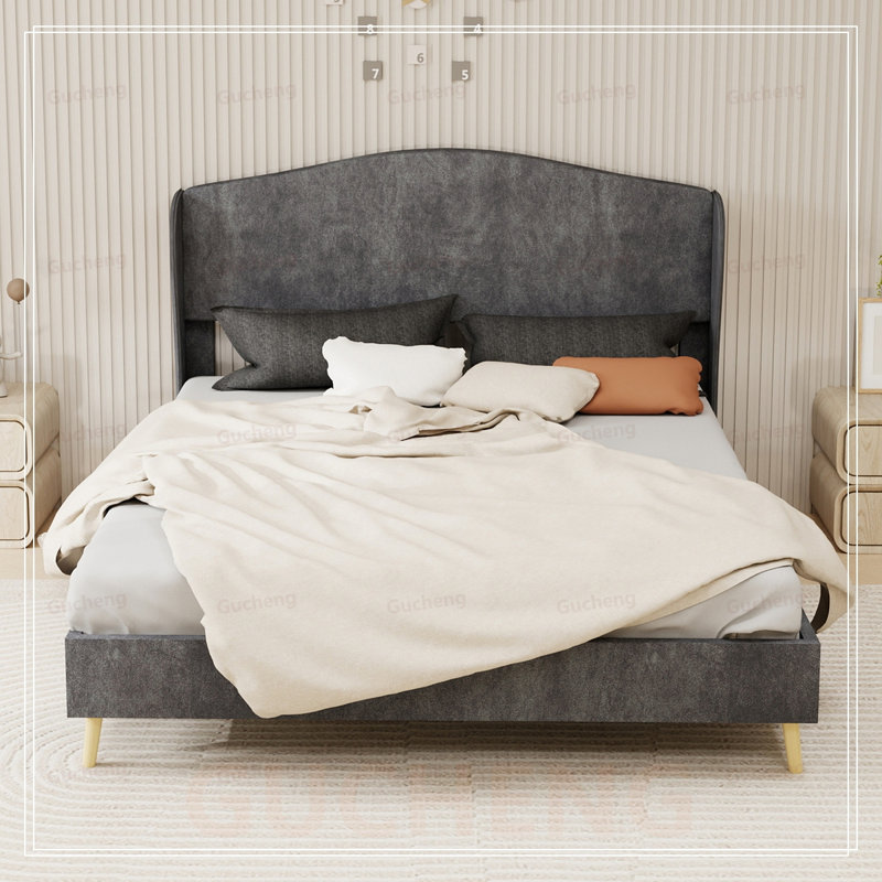 Lit luxueux rembourré en velours avec tête de lit capitonnée, structure robuste pour le confort et le style