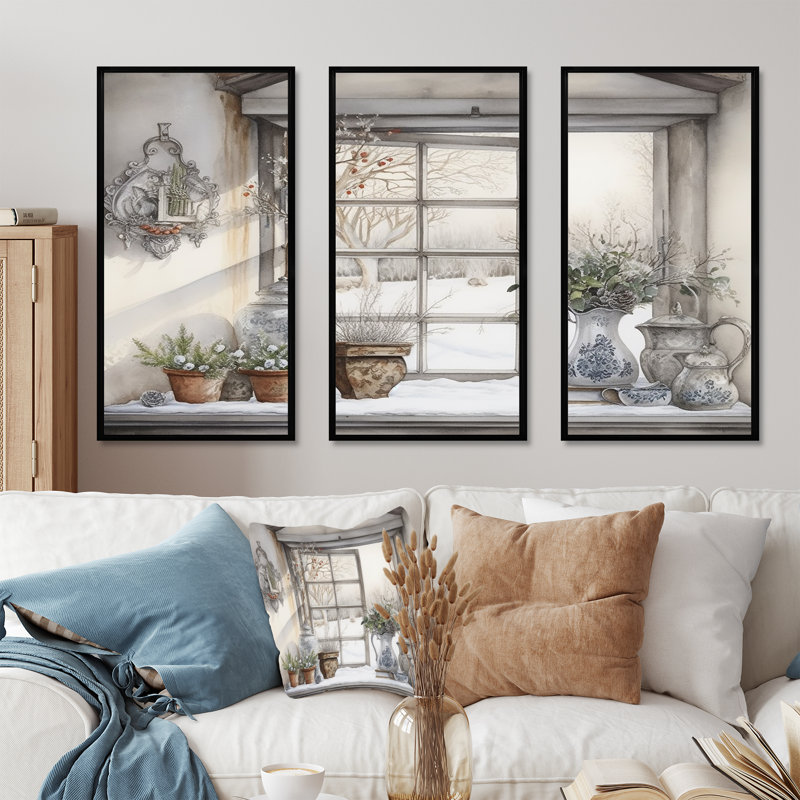 Fenêtres, charme de l'hiver scandinave - ensemble d'impression d'art mural scandinave, H 28 po x l 36 po x P 1 po
