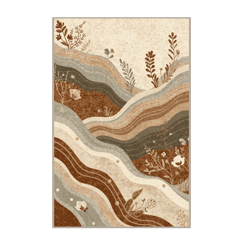 Machine Washable Ovetta Mountain Geology Layers Classic Floral Rug in Beige – Beige Binding, 7x10