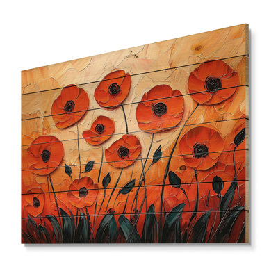 Sunset Hues Poppies Field II - Traditional Wood Wall Decor On Natural Pine Wood