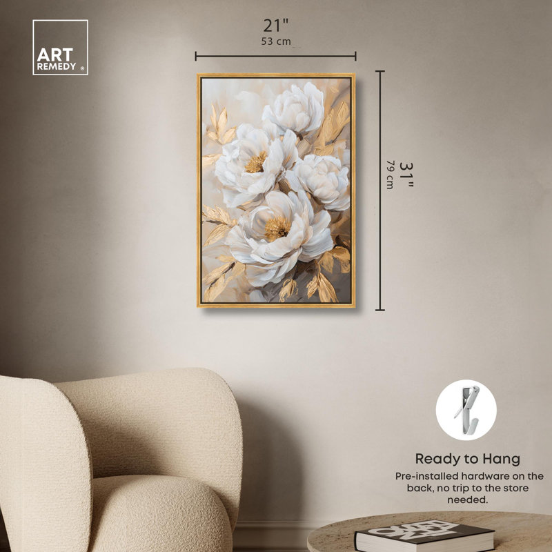 Art Remedy, art floral élégant sur toile, Blooming in the Golden Mist, H 31 po x l 21 po, Cadre flottant doré
