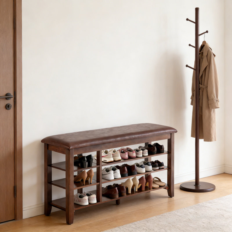 Brown Rubberwood 3-Tier Entryway Shoe Bench With Adjustable Shelves, 20.5" H x 47.4" W x 12" D