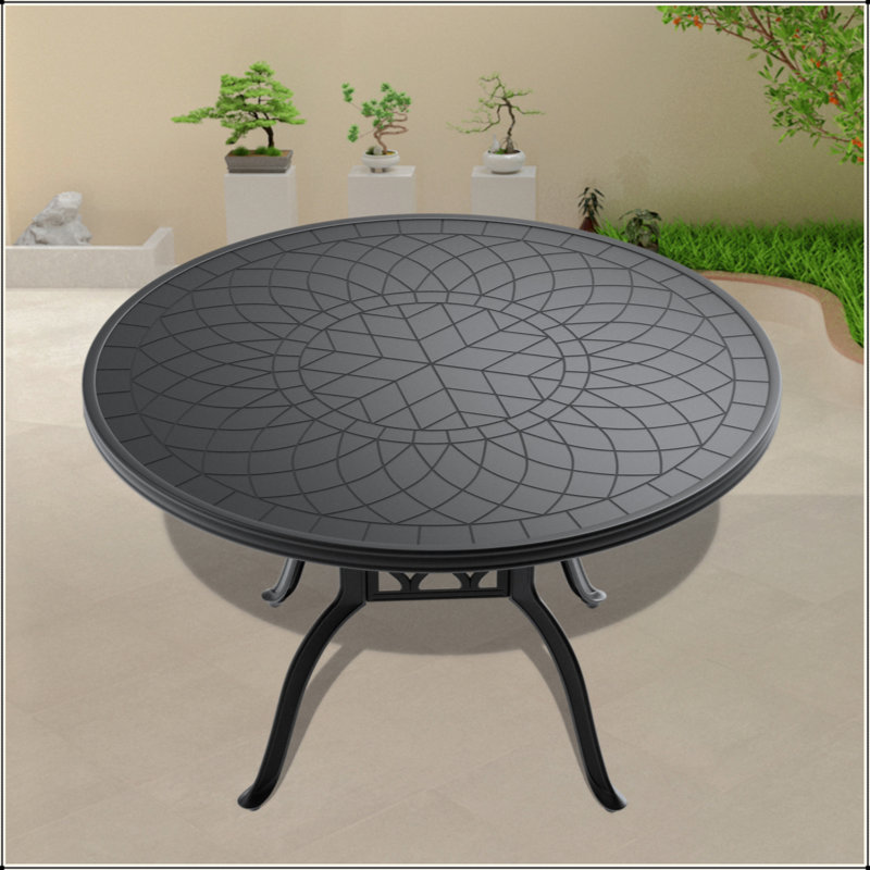 Table de salle à manger 47,24 pouces en fonte d'aluminium avec structure noire et texture sculptée sur le plateau de table