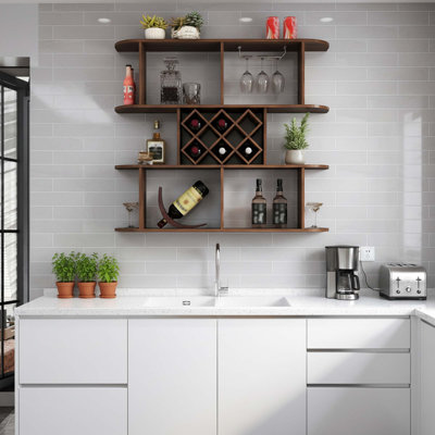 Large 3 Tier Rustic Wall Wine Rack With Glass Holder For Home, Bar, Or Dining Room Storage