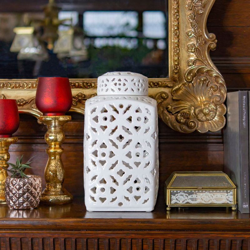 12" Antique White Carved Square Ginger Jar
