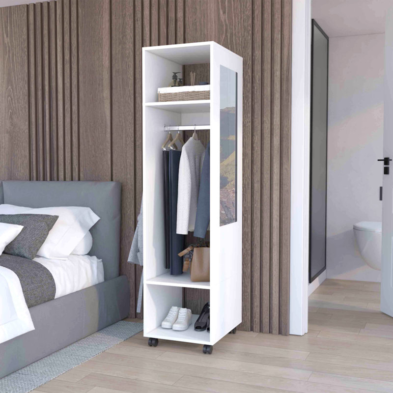 Hauteur de 63 po avec miroir, trois tablettes, roulettes et tringle, armoire, rangement pour vêtements de chambre, Blanc
