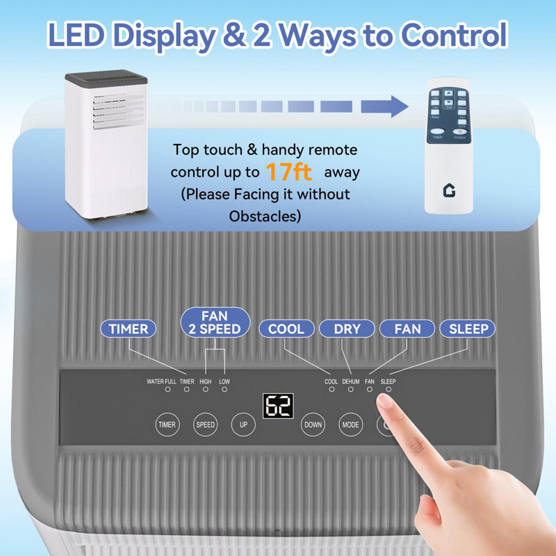 Climatiseur portatif, déshumidificateur 3-en-1 à courant alternatif de 8 000 BTU, ventilateur de 350 pieds carrés, mode veille silencieuse, télécommande et fenêtre pour bureau de chambre à coucher, gris