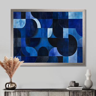 Cercles et blocs indigo - Tableau géométrique encadré