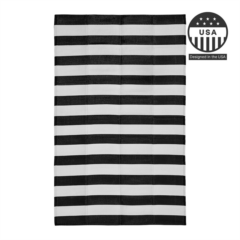 Geo Striped Modern Outdoor Camping Rug - Waterproof, Fade Resistant, Reversible - Recycled Plastic - Camping RV Patio Glamping Deck Pool - Brittany Black/White
