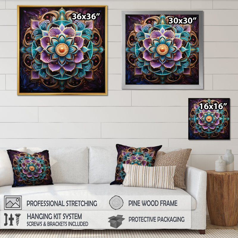 Ancien mandala magique coloré sur toile, Cadre simple argenté, H 30 po x l 30 po x P 1 po