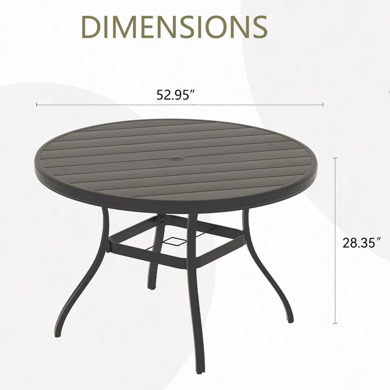 Outdoor Round Patio Dining Table For 6-7, All Weather Metal Dining Table With Umbrella Hole For Deck Lawn Garden Backyard