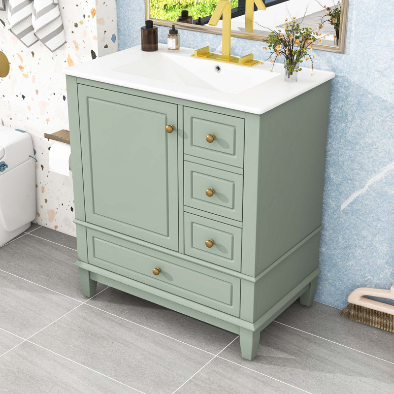 Meuble-lavabo avec lavabo, tablette et trois tiroirs, Vert clair