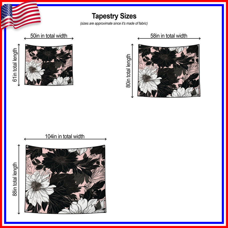Tapisserie murale fleurs noires et blanches, H 104 po x 88 avec 4 œillets