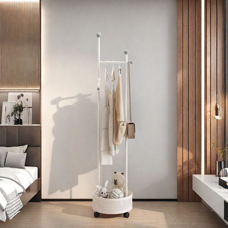 Hook Coat Rack with Lockable Wheels & Storage, Ivory