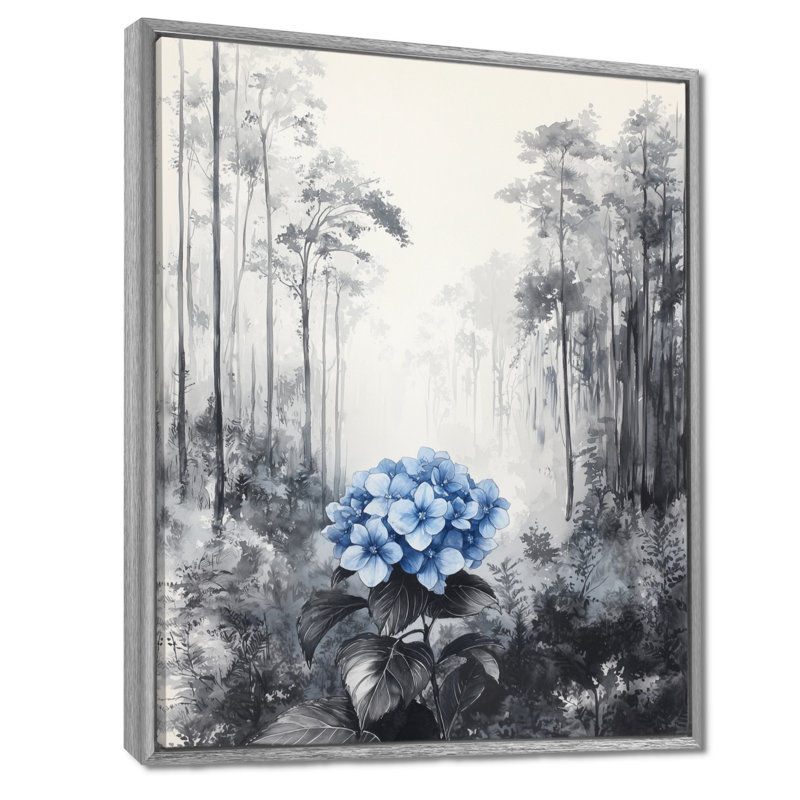 Hydrangée dans une forêt monochrome, H 32 po x l 16 po, Reproduction avec cadre flottant, Argent argent