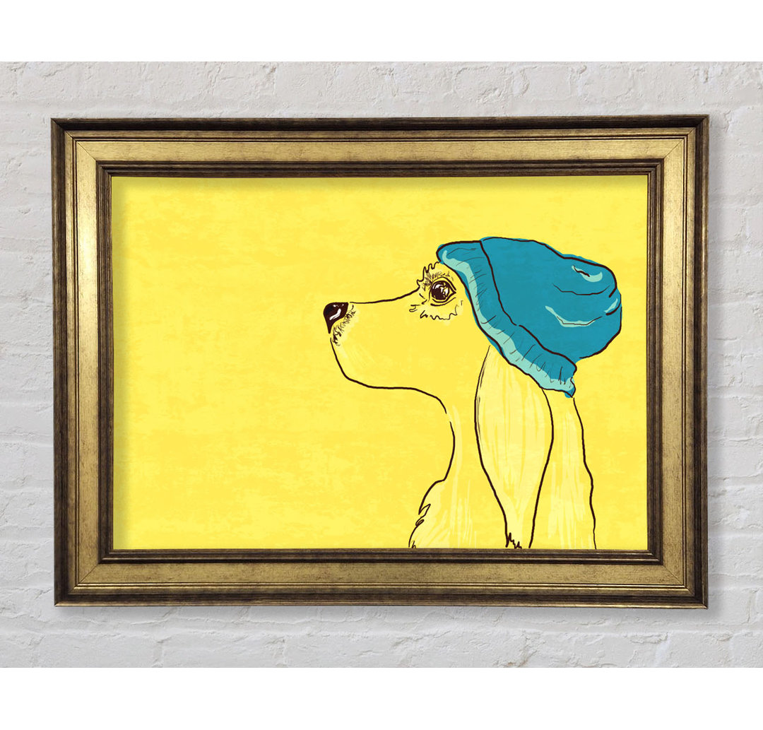 Gerahmtes Leinwandbild Yellow Dog With Blue Hat