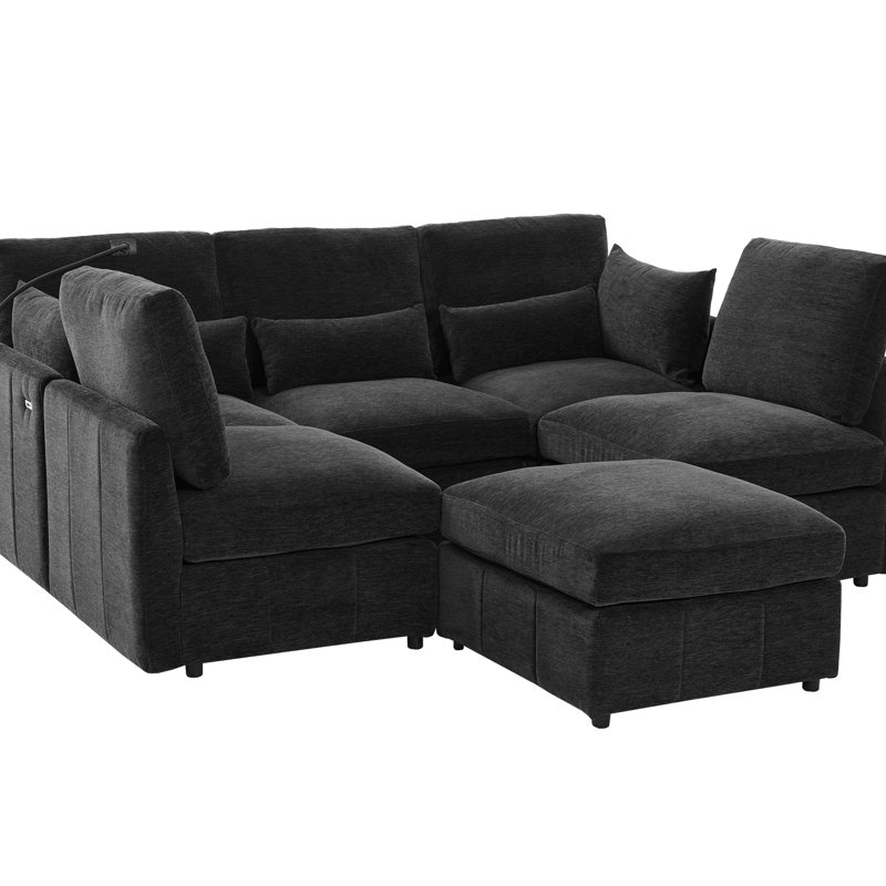 Black Chenille 85.4" Sectional With Movable , Two Charging Ports, Phone Holder, And Soft Seating Experience Multi - Functional L Shaped Modular Built In Comfortable Lumbar Support Material
