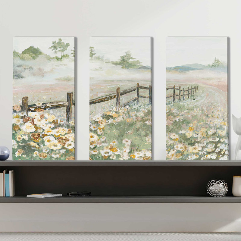 «Fence With Flowers», reproduction sur toile 3 pièces, H 32 po x l 48 po x P 1 po