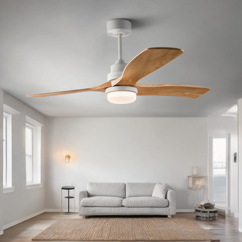 Ventilateur de plafond en bois massif de 52 pouces avec lumière DEL à intensité variable intégrée, télécommande, moteur à courant continu réversible, blanc doux