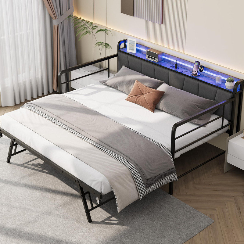 Lit de jour simple avec lit gigogne, tête de lit tapissier avec rangement, lumière DEL et station de charge, Black