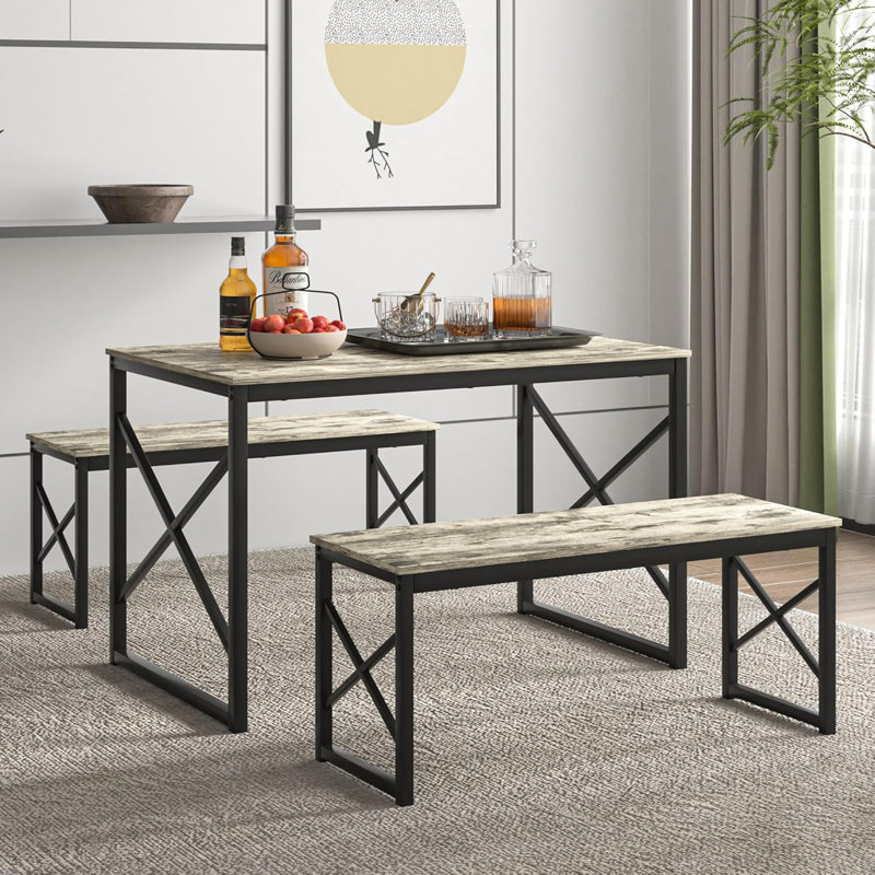 Ensemble de table de salle à manger 3 pièces avec bancs gris - Cuisine, petit espace, maison de campagne