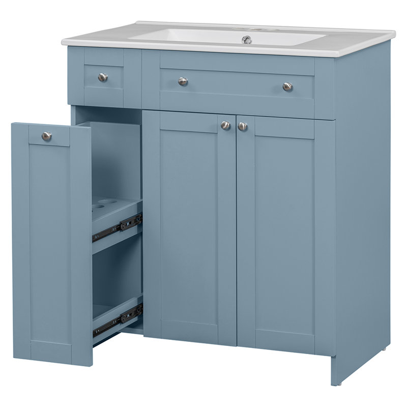 Blue 30-Inch Freestanding Bathroom Vanity with Ceramic Sink and Storage
