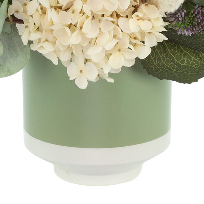 Hydrangea and Sedum Arranged in Ceramic Pot with Eucalyptus
