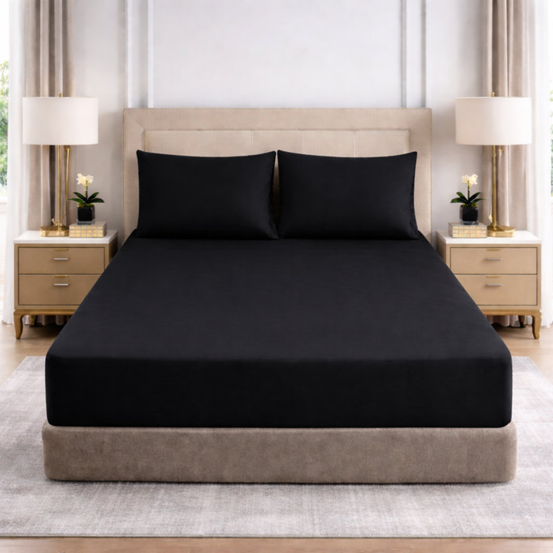 25cm Deep Pocket Fitted Sheet - Soft Microfiber Elasticated Bed Sheet Bottom, Single (3'), Black