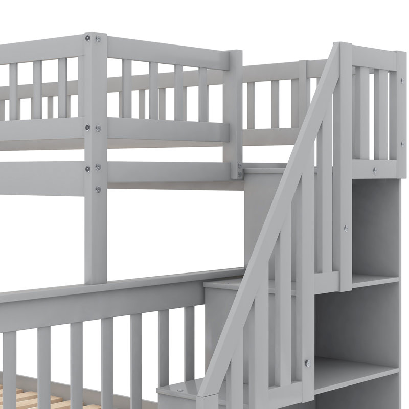 Lit superposé simple / double avec escalier gris Spark, bois de pin et avec tablettes latérales pour le rangement, peut être divisé en deux unités séparées