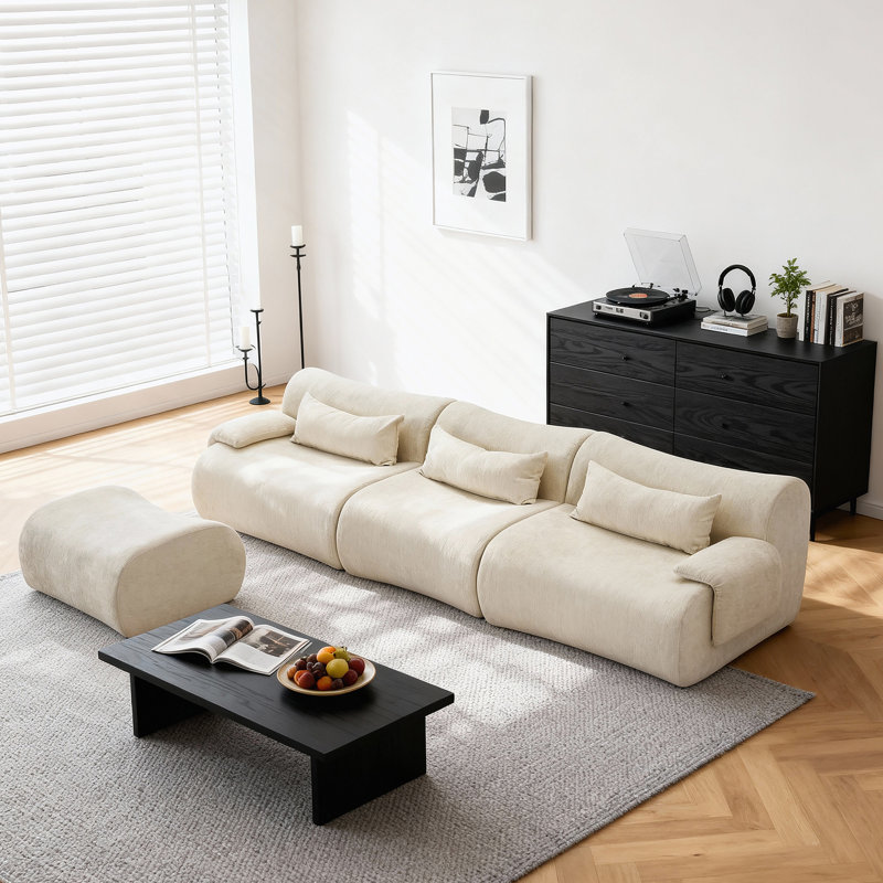 Canapé désossé à 3 places avec conception antidérapante de haute qualité, sans assemblage, accoudoirs courbés et méridienne épurée pour les salons et les chambres