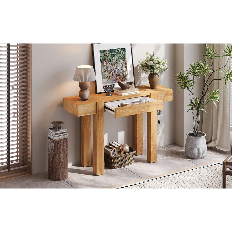 Console minimaliste en bois massif avec tiroir de rangement caché et station de charge intégrée, Naturel