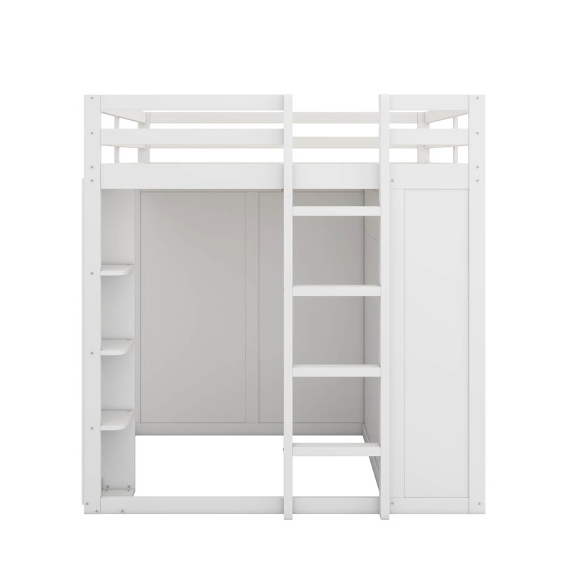 Lit mezzanine double avec tiroirs, tablettes et lumière, Blanc