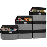 Small 8 Quart Linen Fabric Foldable Storage Bin Cube Organizer Basket With Lid & Handles, Collapsible Decorative Box Container For Home, Dorm, Closet, Black & Gray, 10"X8"X6", 6-Pack