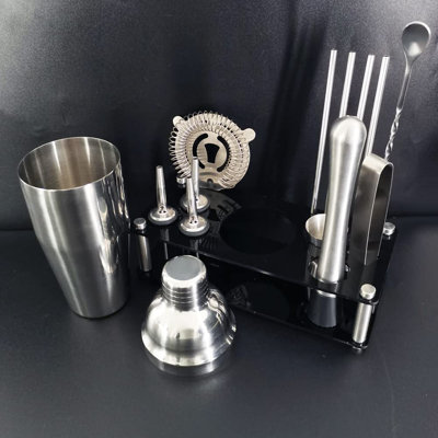 Ensemble de barman, ensemble de shaker à cocktail de 13 pièces, outils de bar en acier inoxydable avec support noir, shaker de 25 oz, jigger, cuillère, verseurs, broyeur, crépine, pinces, recettes